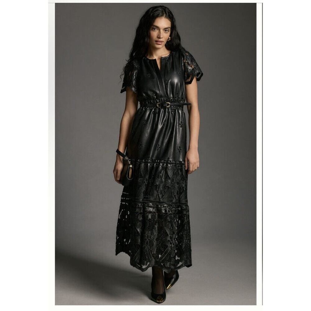 Anthropologie The Somerset Fuax Leather Edition Maxi Dress Size Small Black